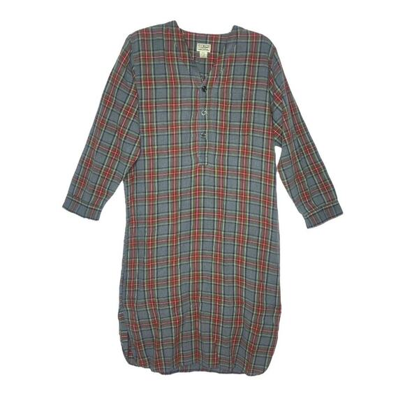 LL Bean Sleep Shirt Mens Medium Gray Red Scotch Plaid Flannel Campcore Vintage - Picture 1 of 7